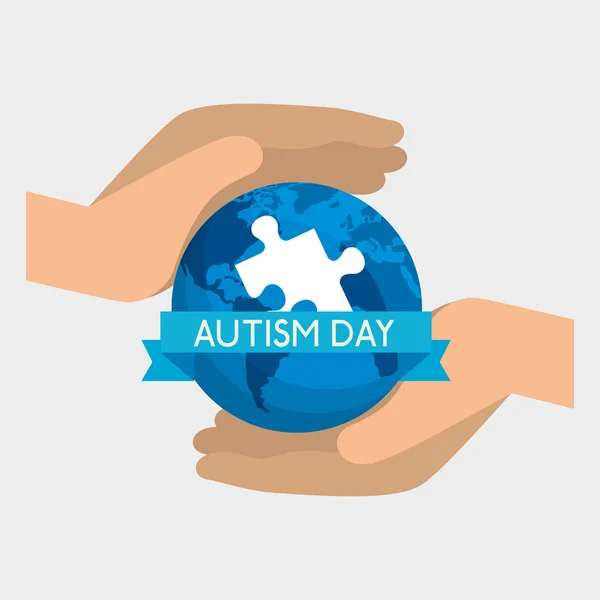 Manos con mapa global y rompecabezas para el día del autismo — Vector de stock