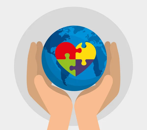 Mão com mapa global e quebra-cabeça do coração para o dia do autismo —  Vetores de Stock