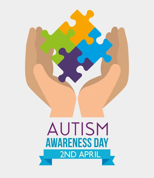 Mãos com quebra-cabeças para o dia da conscientização do autismo — Vetor de Stock