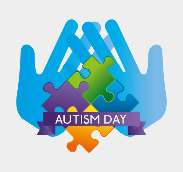 Hands with puzzles and ribbon to autism day — Stock Vector