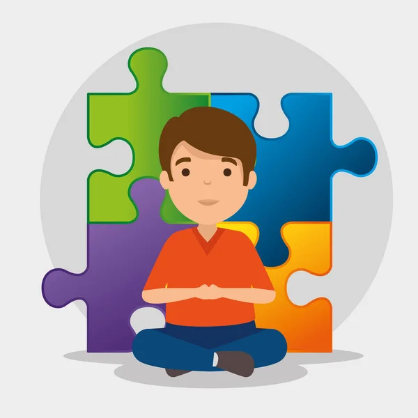 Criança com quebra-cabeças para o dia da conscientização autismo — Vetor de Stock