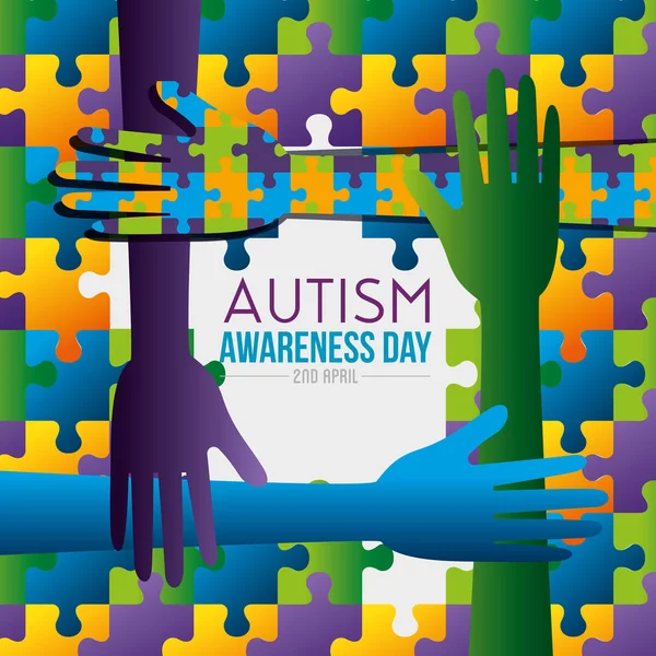 Hands and puzzles background to autism day — Stock Vector