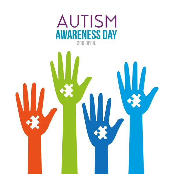 Hands up with puzzle to autism day — Stock Vector