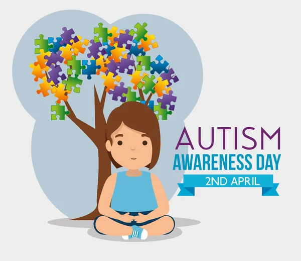 Menina e árvore com quebra-cabeças folhas para o dia do autismo — Vetor de Stock