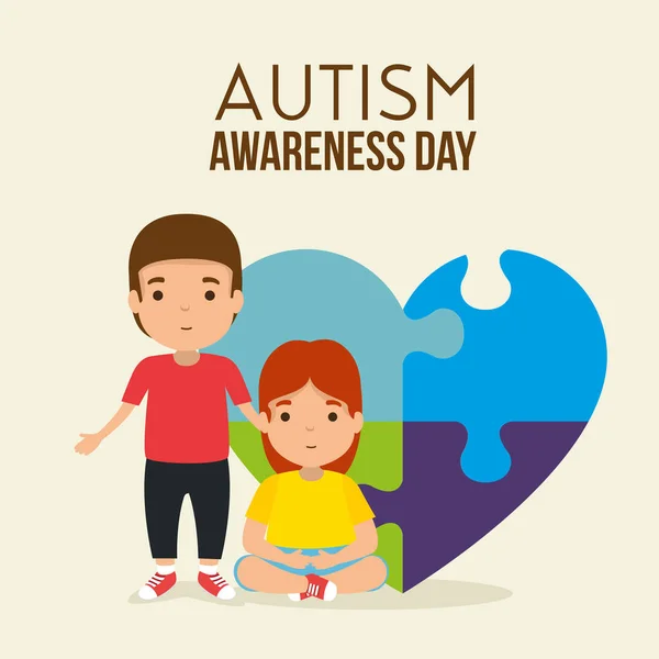 Children together with heart puzzle to autism day — Stock Vector