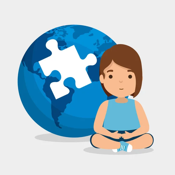 Girl with puzzle inside global map to autism day — Stock Vector