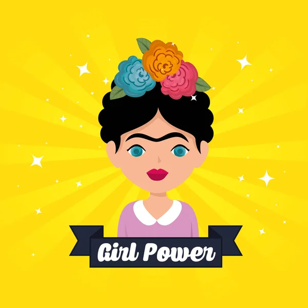 Frida kahlo and ribbon with girl power message — Stock Vector