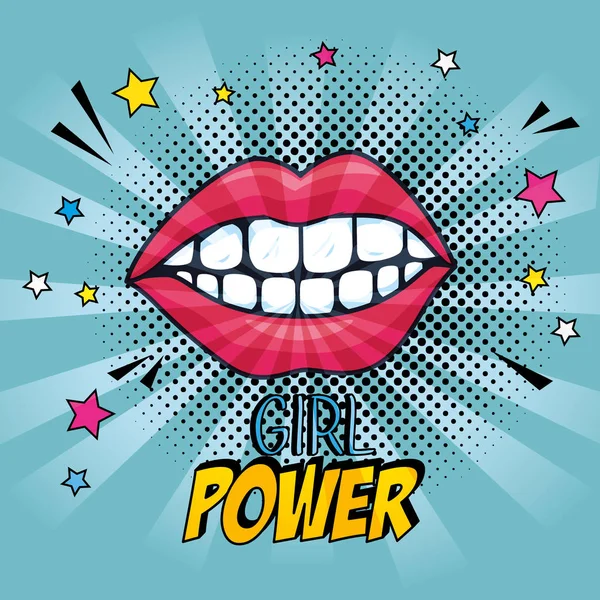 Pop art mulut dengan gigi dan bintang-bintang - Stok Vektor