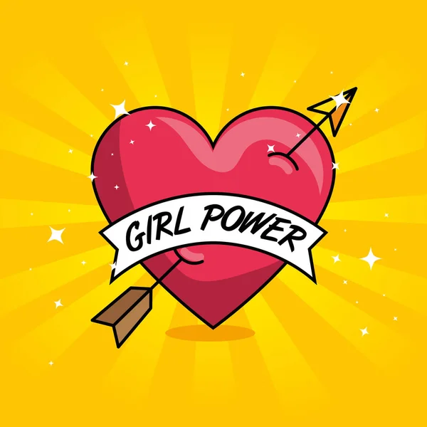 Pop art heart dengan panah dan pesan kekuatan gadis - Stok Vektor