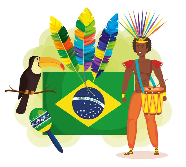 Brasilianische Tänzerin mit Fahne und Karnevalsikonen — Stockvektor