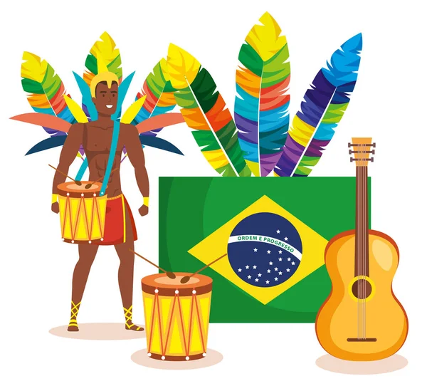 Braziliaans danser met vlag en Carnaval pictogrammen — Stockvector