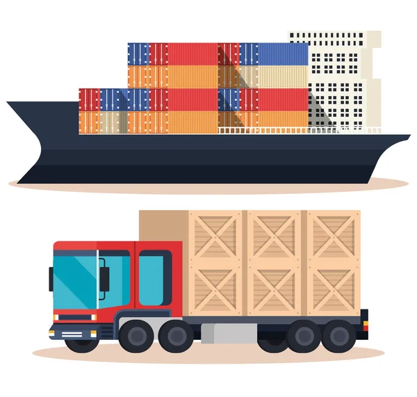 Ship with containers and truck — Stock Vector