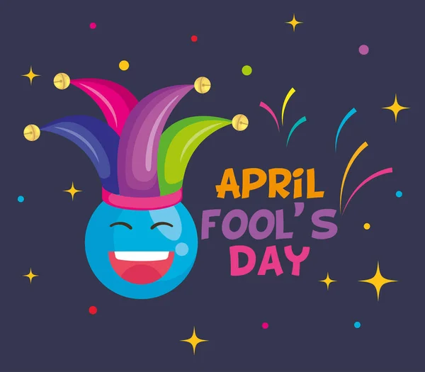 April fools day card with happy face and joker hat — Stock Vector