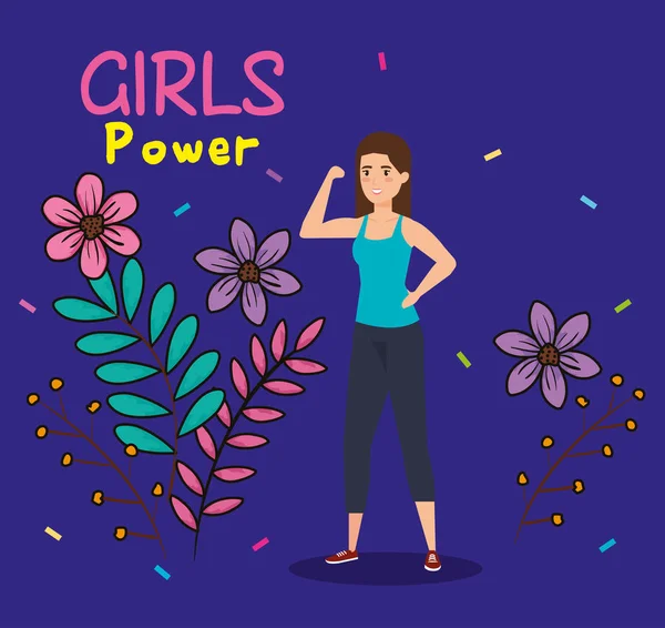 Ισχύς κορίτσι ισχυρή με λουλούδια — Διανυσματικό Αρχείο