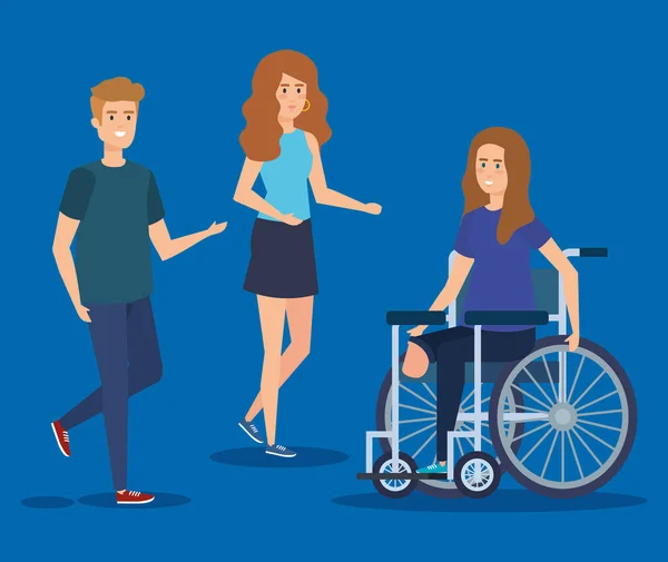 Persone e donne sedute sulla sedia a rotelle senza gamba — Vettoriale Stock