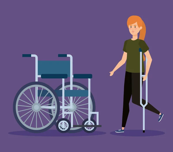 Wanita cacat berjalan dengan kruk dan kursi basah - Stok Vektor