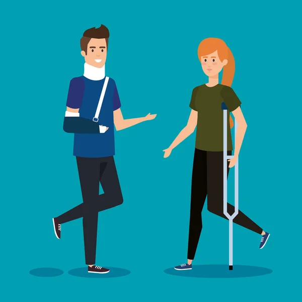 Homme avec col orthopédique et femme avec béquilles — Image vectorielle