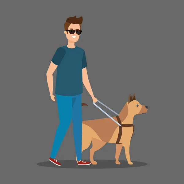 Hombre discapacitado ciego usando gafas de sol con perro — Vector de stock