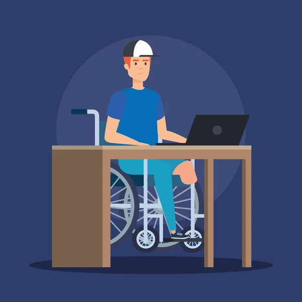 Homem deficiente sentado cadeira de rodas e trabalhando com laptop — Vetor de Stock