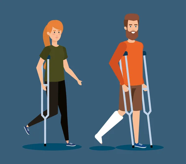 Handikappad kvinna och man, som går med kryckor — Stock vektor