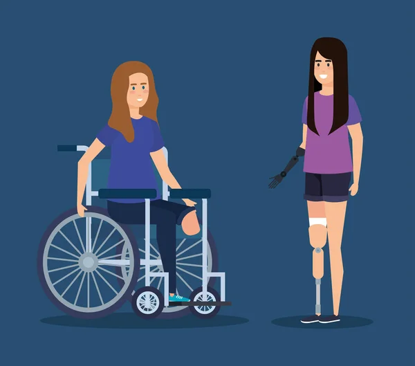 Femme sans jambe et autre avec prothèse de la main — Image vectorielle
