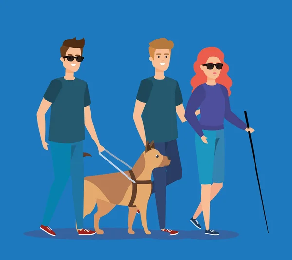 Mensen dragen van een zonnebril met hond en stok met een handicap — Stockvector