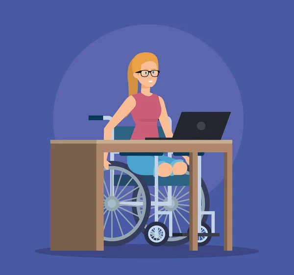 Femme handicapée assise dans le fauteuil avec ordinateur portable — Image vectorielle