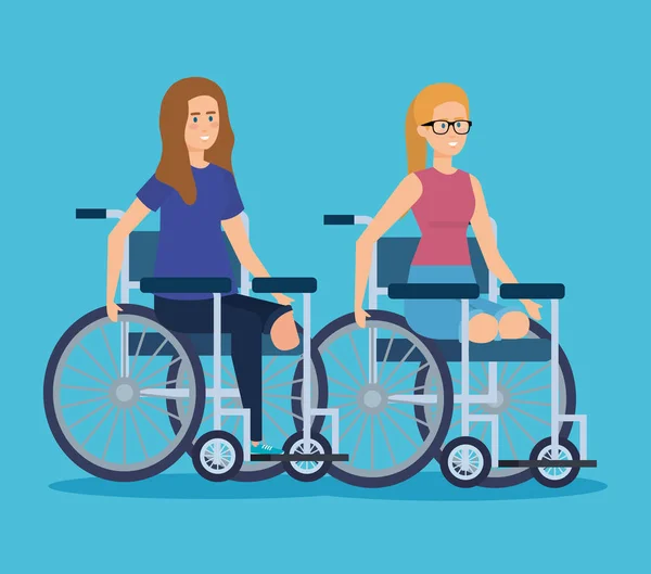 Mulheres deficientes sentadas na cadeira de rodas sem pernas — Vetor de Stock