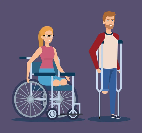 Hombre con muletas y mujer sentada en silla de ruedas — Vector de stock