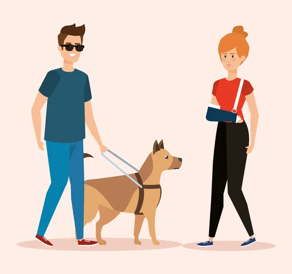 Man met hond en vrouw met hand fractuur blind — Stockvector