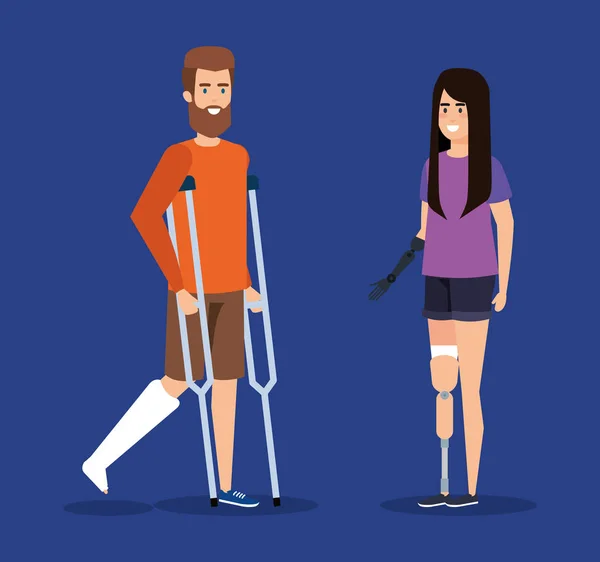 Homme avec des béquilles et femme avec prothèse à la main — Image vectorielle