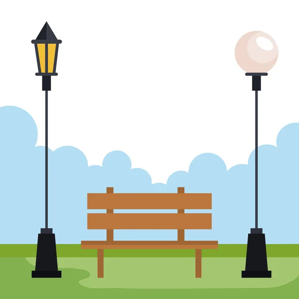 Parque da cidade com lâmpadas e recreação cadeira — Vetor de Stock