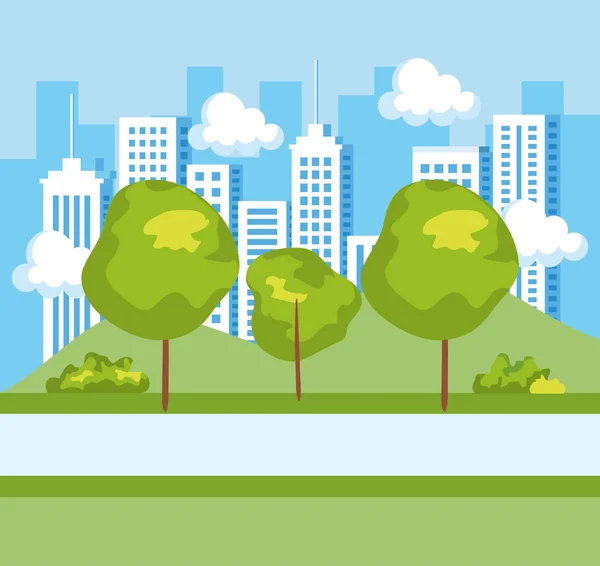 Ciudad parque con árboles y arbustos naturales — Vector de stock