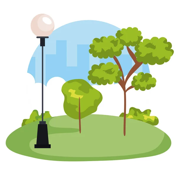 Parque de la ciudad con árboles naturales y lámpara — Vector de stock