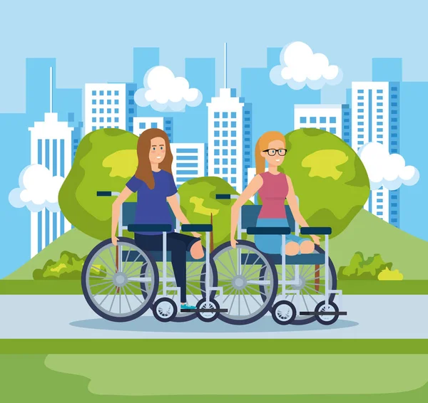 Mulheres sentadas em cadeira de rodas sem pernas e paisagem urbana — Vetor de Stock