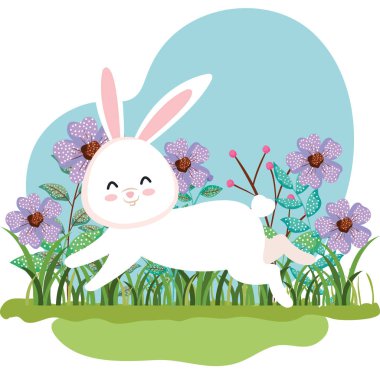 sevimli tavşan çalışan ve çiçek bitkiler yaprakları ile