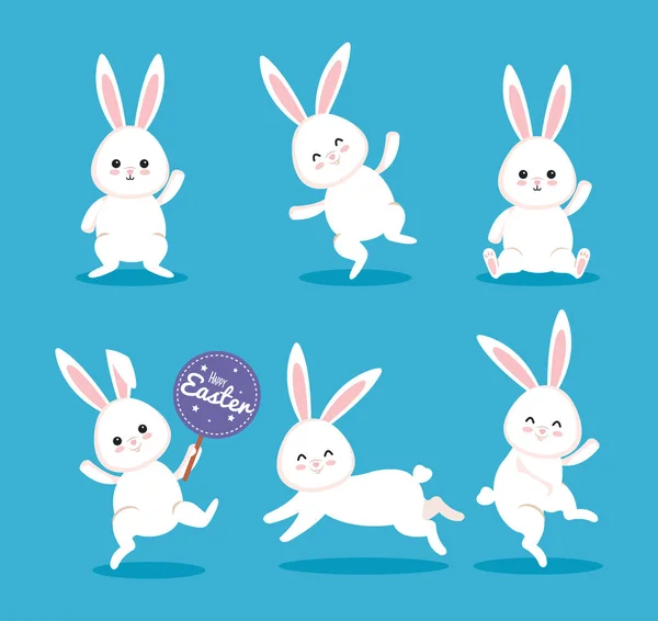 Impostare felice coniglio celebrazione con avviso adesivo — Vettoriale Stock