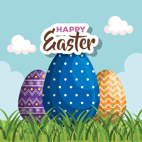 Huevos de Pascua con figuras de decoración a la celebración — Vector de stock