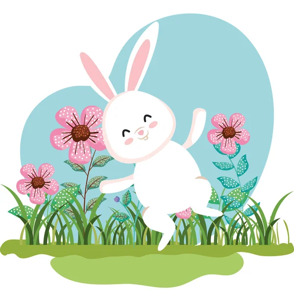 Милый кролик прыгает и цветы растения с листьями — стоковый вектор