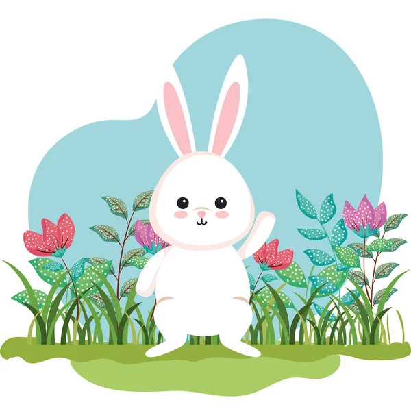 Mignon lapin animal et fleurs plantes avec des feuilles — Image vectorielle