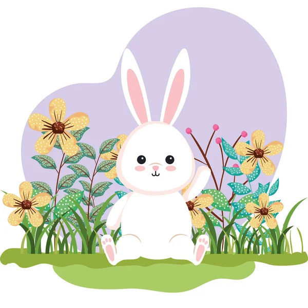 Mignon lapin assis et fleurs plantes avec des feuilles — Image vectorielle