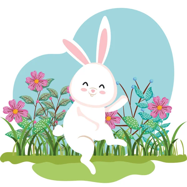 Niedliche Kaninchen tanzen und Blumen Pflanzen mit Blättern — Stockvektor