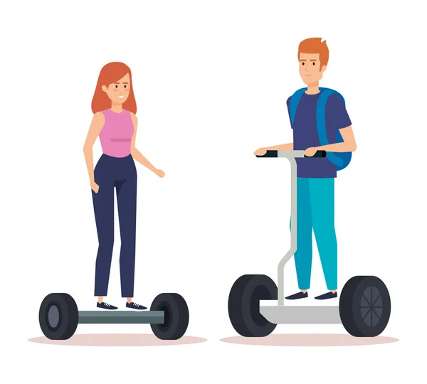 Femme et homme avec sac à dos équitation scooter électrique — Image vectorielle