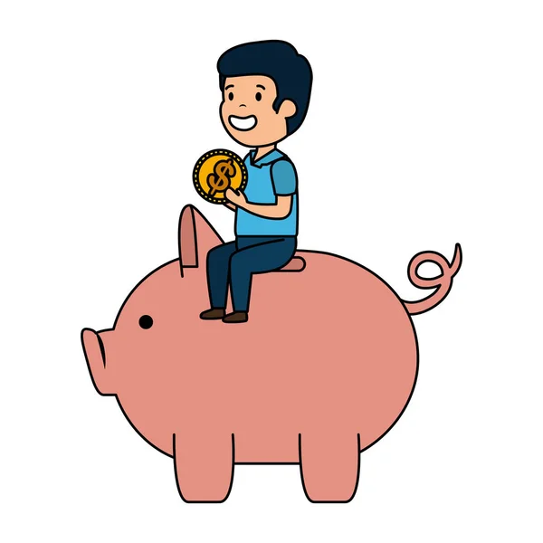 Feliz joven con carácter de ahorro de cerdo — Archivo Imágenes Vectoriales