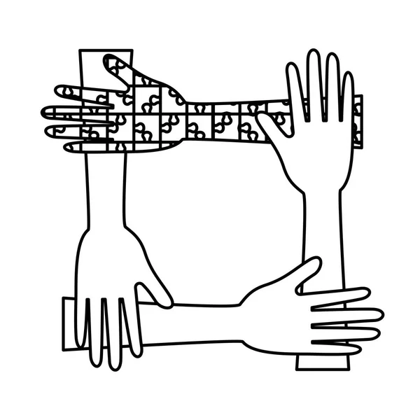 Manos trabajo en equipo con solución de rompecabezas — Vector de stock