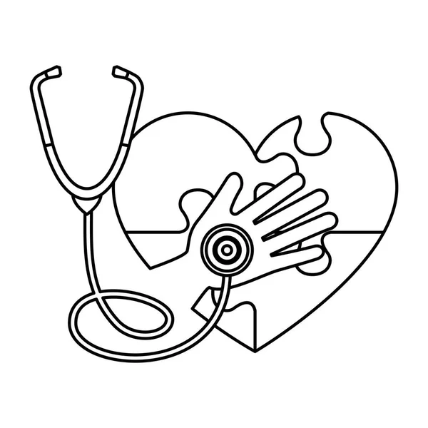 Coeur avec puzzle attaché et stéthoscope — Image vectorielle