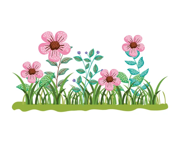 Όμορφα λουλούδια με χόρτο κήπο σκηνή — Διανυσματικό Αρχείο