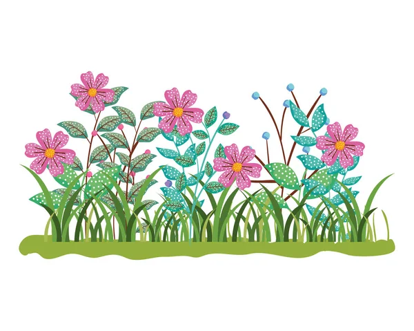 Beautiful flowers with grass garden scene — Stock Vector