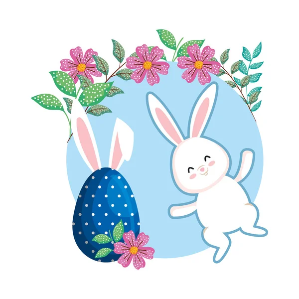 Lapin mignon avec oeuf de Pâques peint et cadre floral circulaire — Image vectorielle