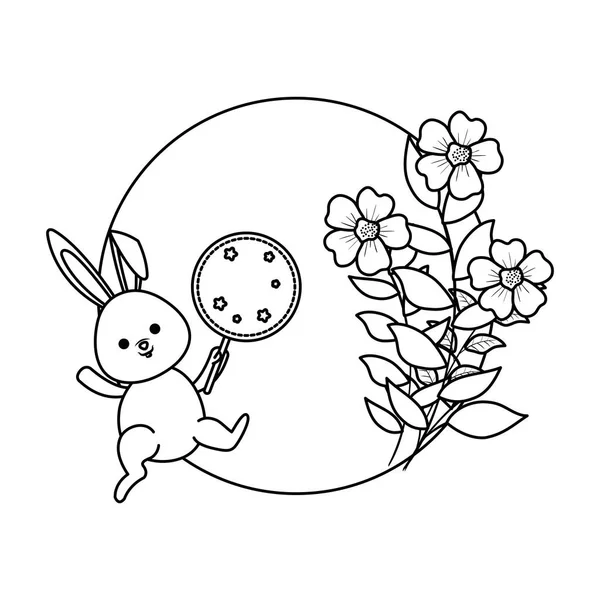 Çiçek ve dairesel çerçeve ile sevimli tavşan — Stok Vektör
